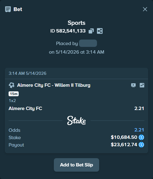 Bet slip: Almere City FC - Willem II Tilburg, $10,684.50 stake at 2.21 odds, placed by caob99