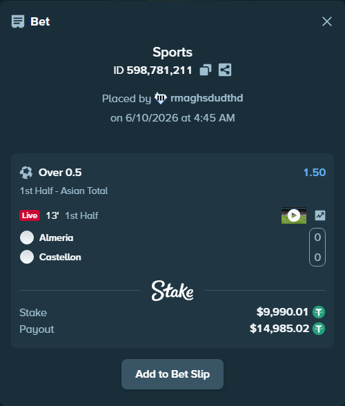 Bet slip: Almeria - Castellon, $10,000.00 stake at 1.50 odds, placed by rmaghsdudthd