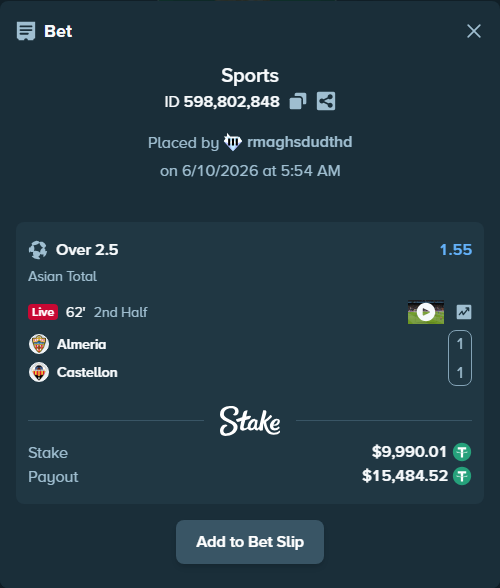 Bet slip: Almeria - Castellon, $10,000.00 stake at 1.55 odds, placed by rmaghsdudthd