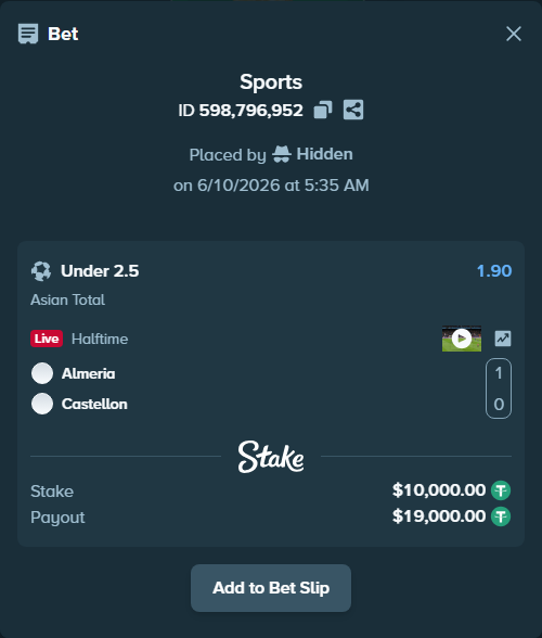 Bet slip: Almeria - Castellon, $10,010.00 stake at 1.90 odds, placed by Hidden