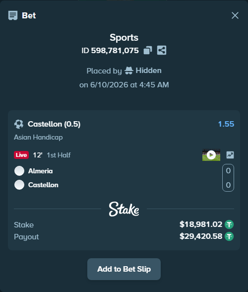 Bet slip: Almeria - Castellon, $19,000.00 stake at 1.55 odds, placed by Hidden