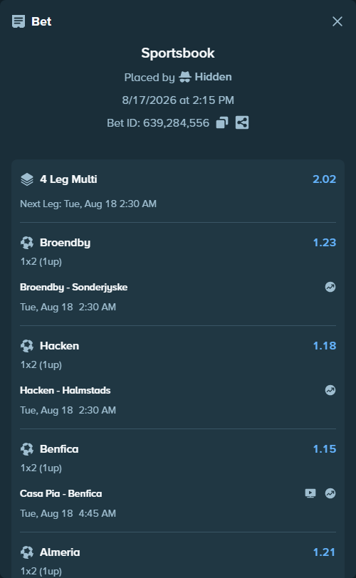 Bet slip: Almeria - Club Deportivo Eldense, $15,000.00 stake at 1.21 odds, placed by Hidden