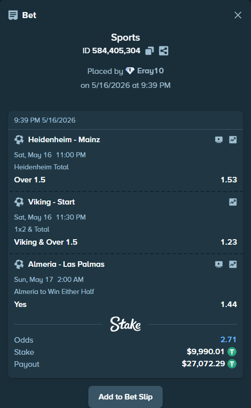 Bet slip: Almeria - Las Palmas, $10,000.00 stake at 1.44 odds, placed by Eray10