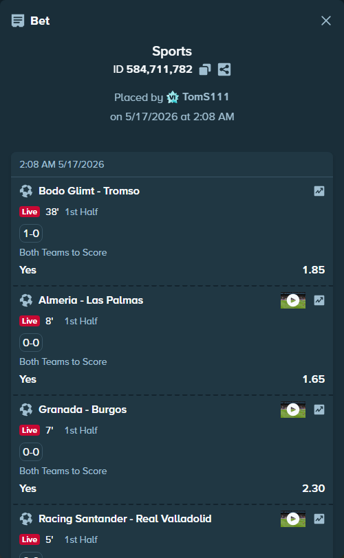Bet slip: Almeria - Las Palmas, $15,000.00 stake at 1.65 odds, placed by TomS111