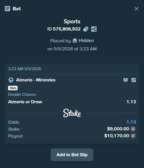 Bet slip: Almeria - Mirandes, $7,365.06 stake at 1.13 odds, placed by Hidden