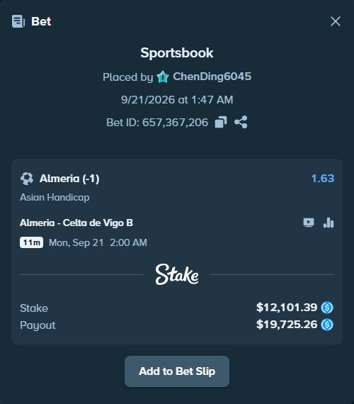 Bet slip: Almeria - RC Celta Fortuna, $12,101.39 stake at 1.63 odds, placed by ChenDing6045