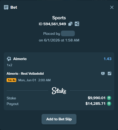 Bet slip: Almeria - Real Valladolid, $10,000.00 stake at 1.43 odds, placed by Thanoscape