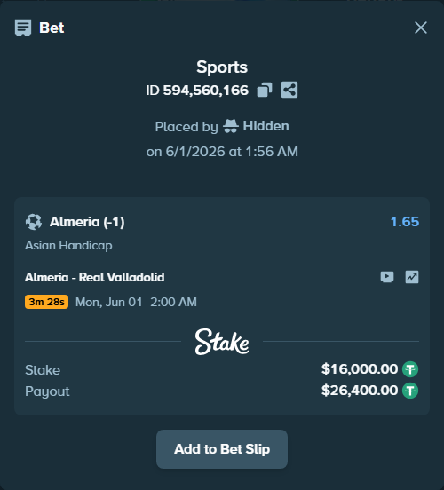 Bet slip: Almeria - Real Valladolid, $16,016.00 stake at 1.65 odds, placed by Hidden