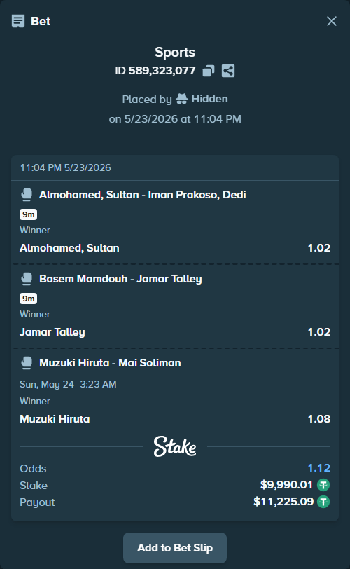 Bet slip: Almohamed, Sultan - Iman Prakoso, Dedi, $10,000.00 stake at 1.02 odds, placed by Hidden