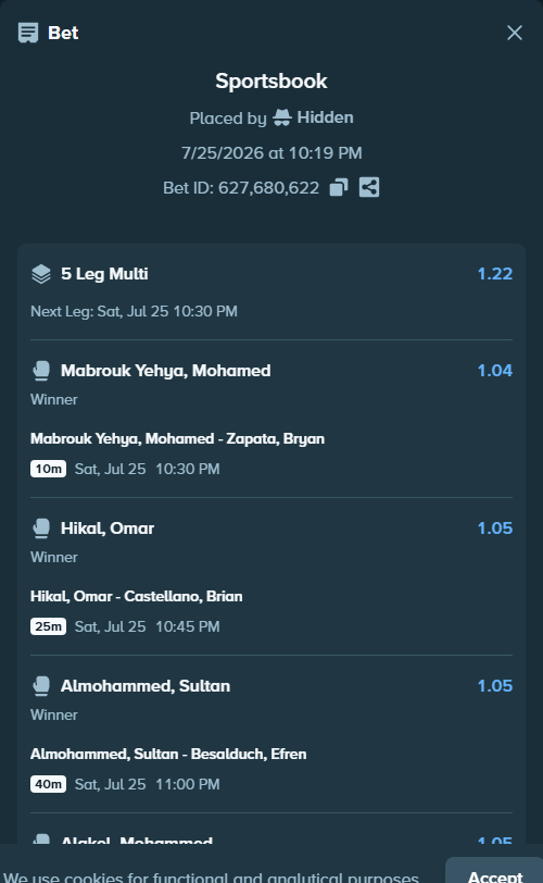 Bet slip: Almohammed, Sultan - Besalduch, Efren, $20,000.00 stake at 1.05 odds, placed by Hidden