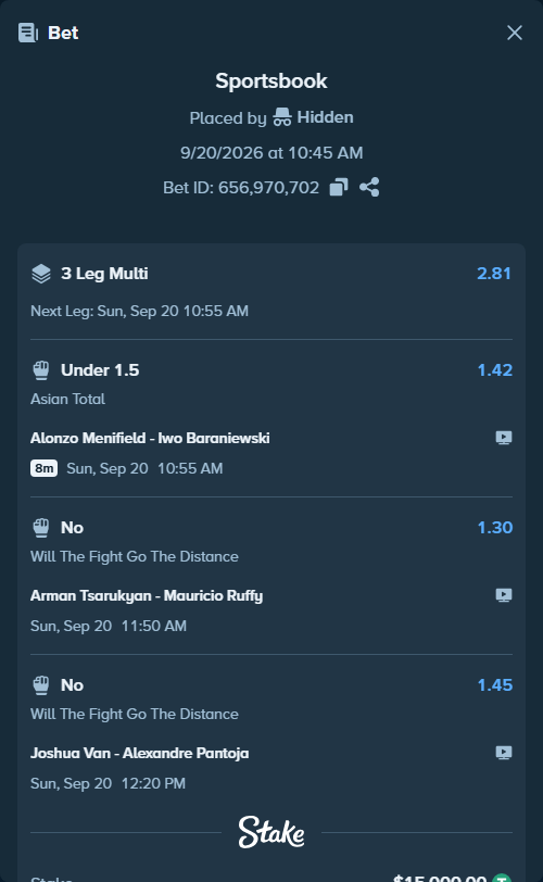 Bet slip: Alonzo Menifield - Iwo Baraniewski, $15,000.00 stake at 1.42 odds, placed by Hidden