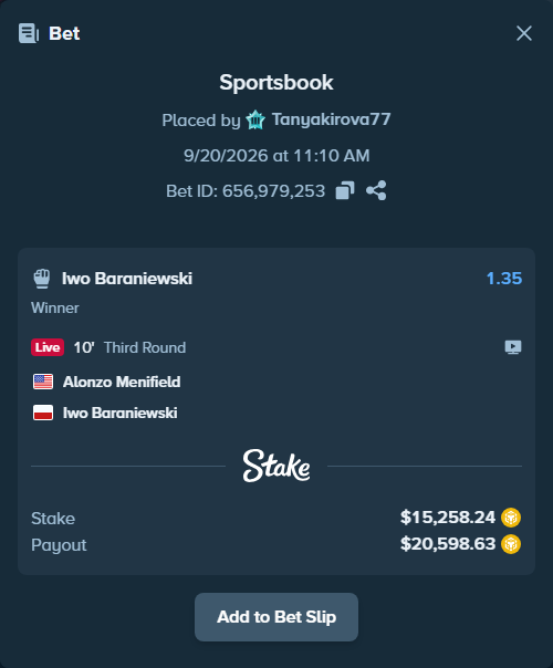 Bet slip: Alonzo Menifield - Iwo Baraniewski, $15,062.48 stake at 1.35 odds, placed by Tanyakirova77