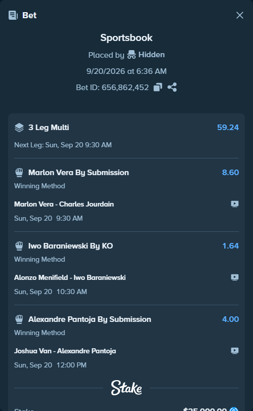 Bet slip: Alonzo Menifield - Iwo Baraniewski, $25,000.00 stake at 1.64 odds, placed by Hidden