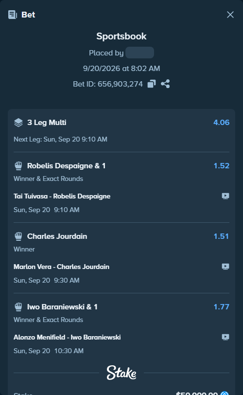 Bet slip: Alonzo Menifield - Iwo Baraniewski, $50,000.00 stake at 1.77 odds, placed by Cabrzy