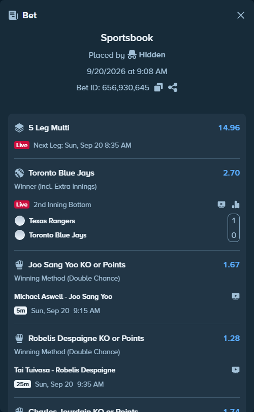Bet slip: Alonzo Menifield - Iwo Baraniewski, $70,000.00 stake at 1.49 odds, placed by Hidden