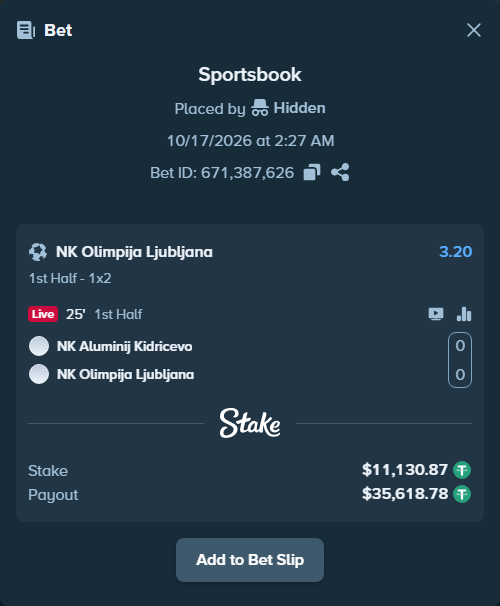 Bet slip: Aluminij Kidricevo - Olimpija Ljubljana, $11,142.00 stake at 3.20 odds, placed by Hidden