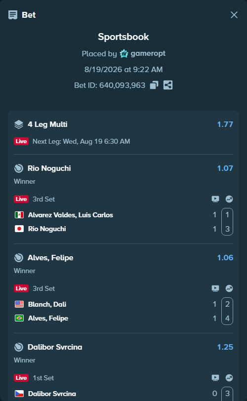 Bet slip: Alvarez Valdes, Luis Carlos - Rio Noguchi, $15,568.65 stake at 1.07 odds, placed by gameropt