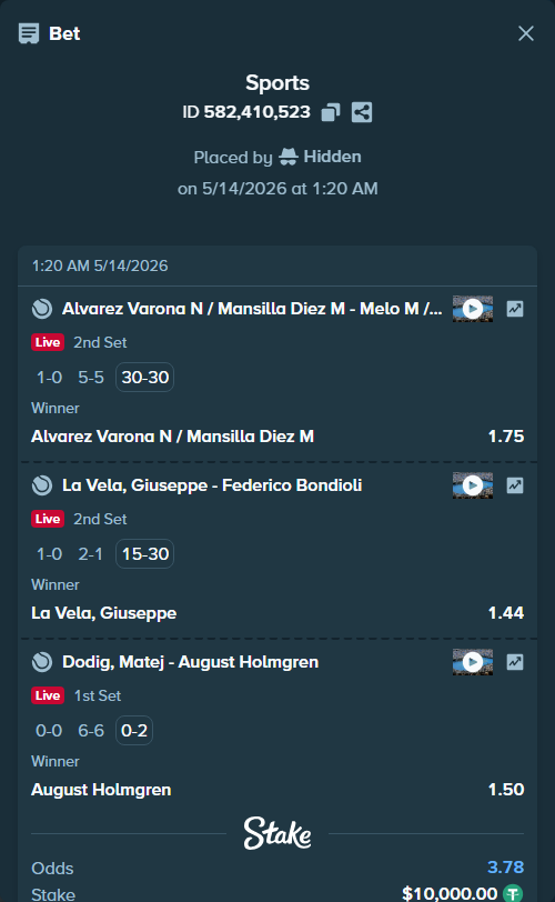 Bet slip: Alvarez Varona N / Mansilla Diez M - Melo M / Molteni A, $10,000.00 stake at 1.75 odds, placed by Hidden