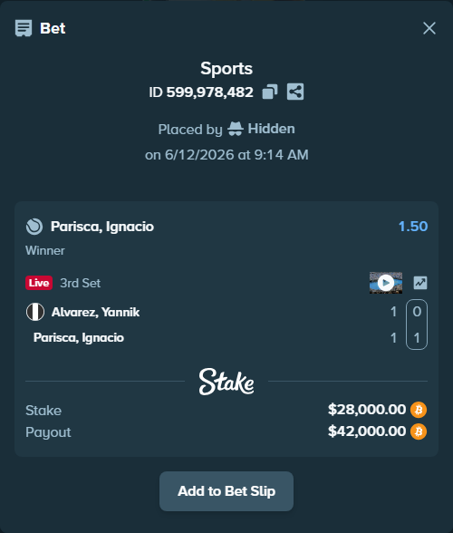 Bet slip: Alvarez, Yannik - Parisca Romera, Ignacio, $28,387.54 stake at 1.50 odds, placed by Hidden