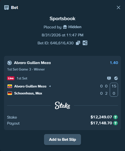 Bet slip: Alvaro Guillen Meza - Schoenhaus, Max, $12,249.07 stake at 1.40 odds, placed by Hidden
