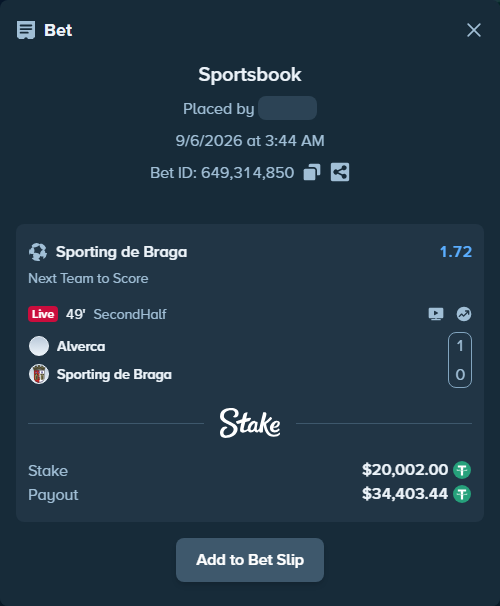 Bet slip: Alverca - Braga, $20,000.00 stake at 1.72 odds, placed by Elantari36