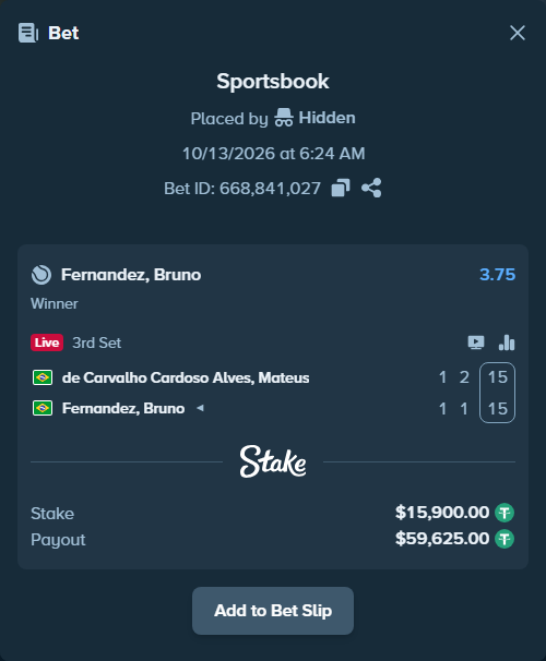 Bet slip: Alves, Mateus - Fernandez, Bruno, $15,915.90 stake at 3.75 odds, placed by Hidden