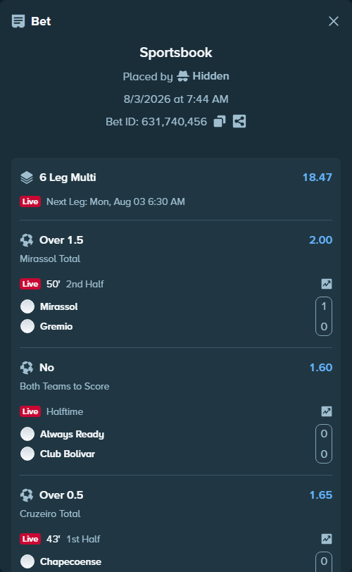 Bet slip: Always Ready - Club Bolivar, $14,088.42 stake at 1.60 odds, placed by Hidden