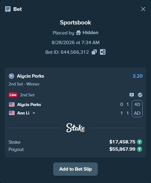 Bet slip: Alycia Parks - Ann Li, $17,457.00 stake at 3.20 odds, placed by Hidden