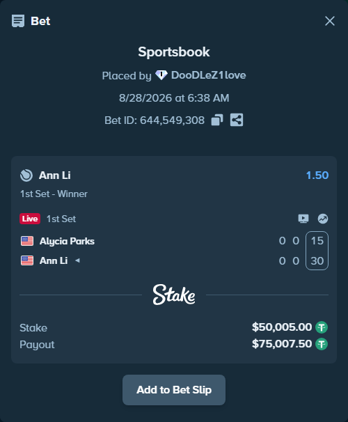 Bet slip: Alycia Parks - Ann Li, $50,000.00 stake at 1.50 odds, placed by DooDLeZ1love