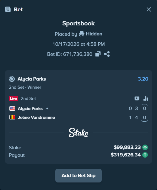 Bet slip: Alycia Parks - Jeline Vandromme, $99,983.12 stake at 3.20 odds, placed by Hidden