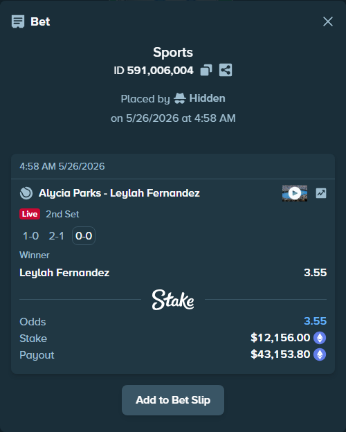 Bet slip: Alycia Parks - Leylah Fernandez, $9,925.59 stake at 3.55 odds, placed by Hidden