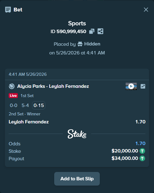 Bet slip: Alycia Parks - Leylah Fernandez, $20,000.00 stake at 1.70 odds, placed by Hidden