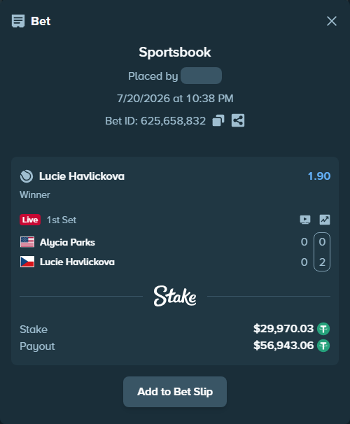 Bet slip: Alycia Parks - Lucie Havlickova, $30,000.00 stake at 1.90 odds, placed by ayoflasher