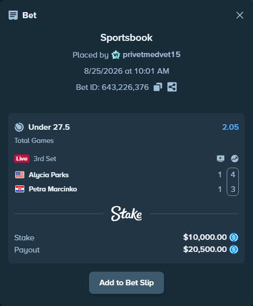 Bet slip: Alycia Parks - Petra Marcinko, $10,000.00 stake at 2.05 odds, placed by privetmedvet15