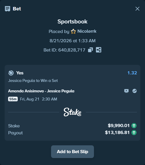 Bet slip: Amanda Anisimova - Jessica Pegula, $10,000.00 stake at 1.32 odds, placed by Nicolerrk