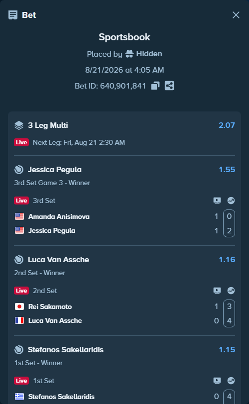 Bet slip: Amanda Anisimova - Jessica Pegula, $10,000.00 stake at 1.55 odds, placed by Hidden