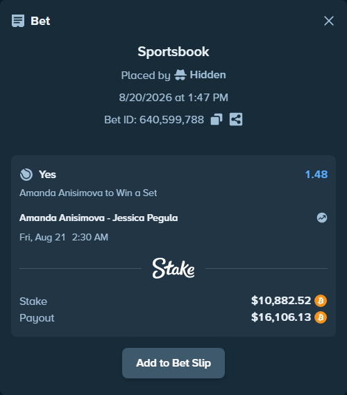 Bet slip: Amanda Anisimova - Jessica Pegula, $10,942.27 stake at 1.48 odds, placed by Hidden
