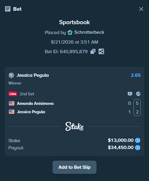 Bet slip: Amanda Anisimova - Jessica Pegula, $13,000.00 stake at 2.65 odds, placed by Schrotterbeck