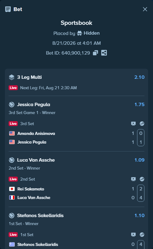 Bet slip: Amanda Anisimova - Jessica Pegula, $13,000.00 stake at 1.75 odds, placed by Hidden