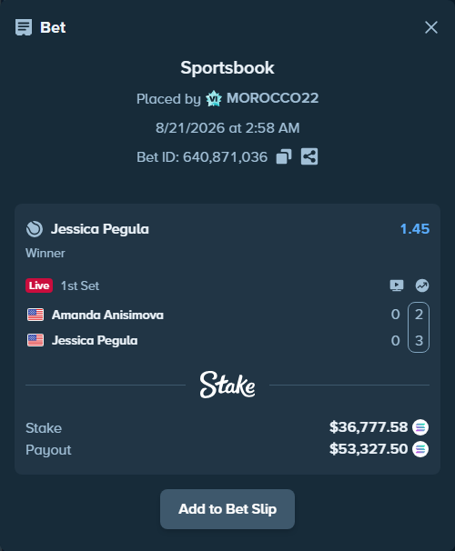 Bet slip: Amanda Anisimova - Jessica Pegula, $36,523.20 stake at 1.45 odds, placed by MOROCCO22