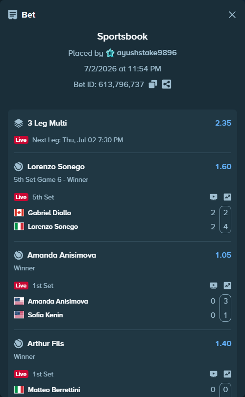 Bet slip: Amanda Anisimova - Sofia Kenin, $10,000.00 stake at 1.05 odds, placed by ayushstake9896