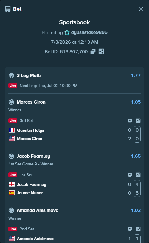 Bet slip: Amanda Anisimova - Sofia Kenin, $10,700.00 stake at 1.02 odds, placed by ayushstake9896