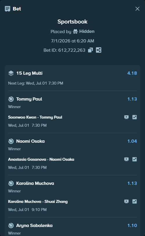 Bet slip: Amanda Anisimova - Sofia Kenin, $125,000.00 stake at 1.13 odds, placed by Hidden