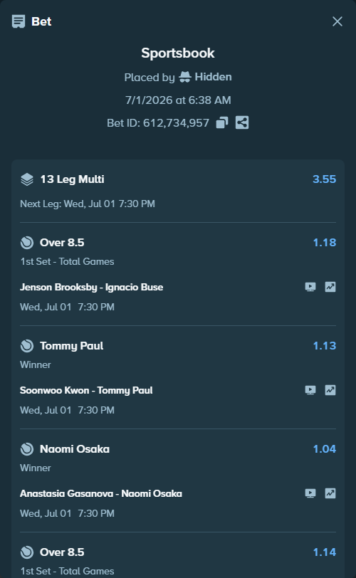 Bet slip: Amanda Anisimova - Sofia Kenin, $125,125.00 stake at 1.13 odds, placed by Hidden