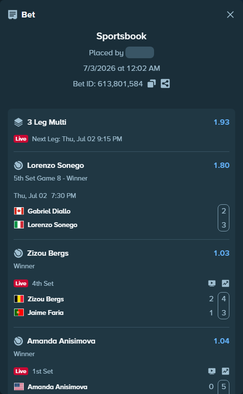 Bet slip: Amanda Anisimova - Sofia Kenin, $13,000.00 stake at 1.04 odds, placed by ayushstake9896