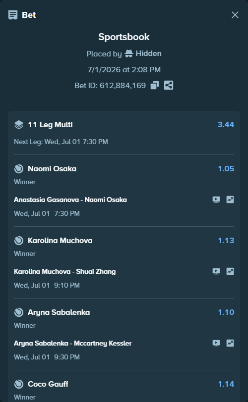 Bet slip: Amanda Anisimova - Sofia Kenin, $48,620.46 stake at 1.13 odds, placed by Hidden