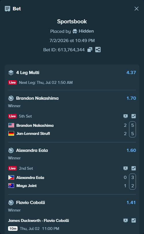 Bet slip: Amanda Anisimova - Sofia Kenin, $60,675.99 stake at 1.14 odds, placed by Hidden
