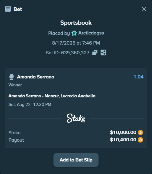 Bet slip: Amanda Serrano - Manzur, Lucrecia Anabella, $10,025.75 stake at 1.04 odds, placed by Arcticdogss