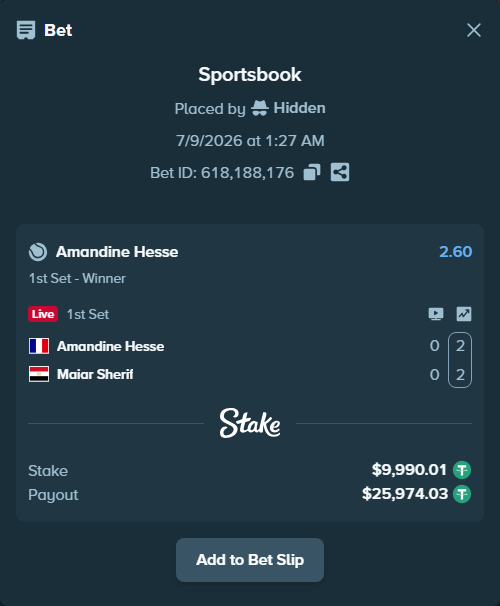 Bet slip: Amandine Hesse - Maiar Sherif, $10,000.00 stake at 2.60 odds, placed by Hidden
