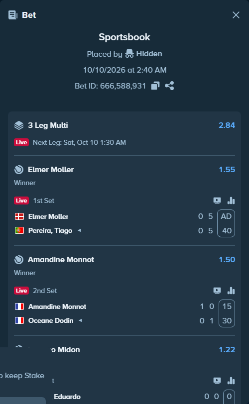 Bet slip: Amandine Monnot - Oceane Dodin, $30,000.00 stake at 1.50 odds, placed by Hidden